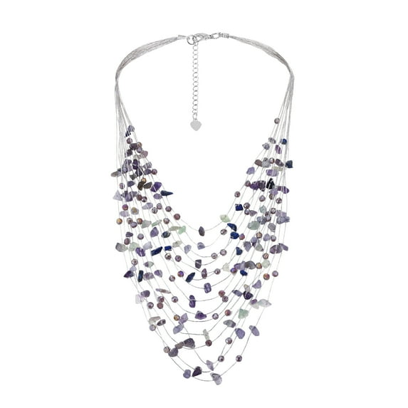 Floating Amethyst and Crystals Silk Thread Multi-Layered Statement Necklace