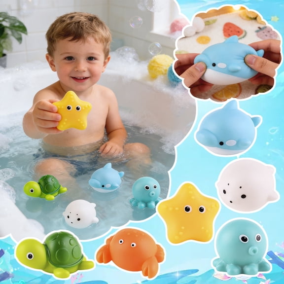 Floating Animal Squirt Toy With Shark Fishing Net Kids Bath Set, Toddler Shower Time Distraction Interactive Water Table Play Routine, Non Toxic BPA Free Smooth Sensory Catching Game For Baby Girl