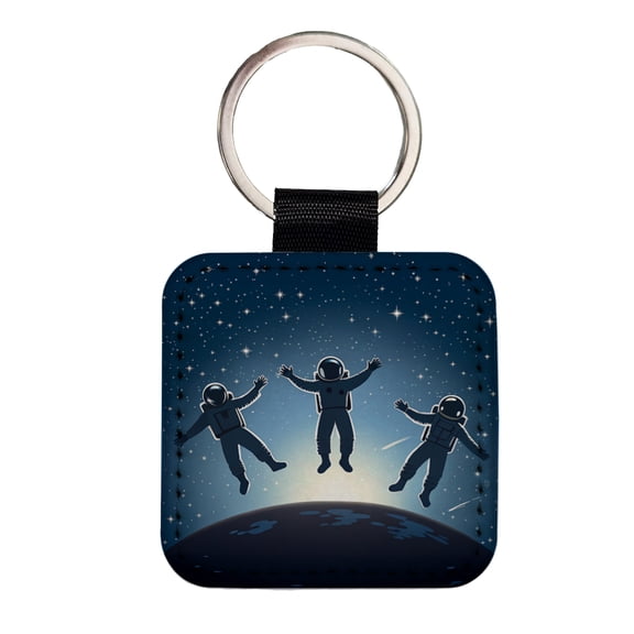 Floating Astronaut Silhouettes Space Faux Leather Square Keychain
