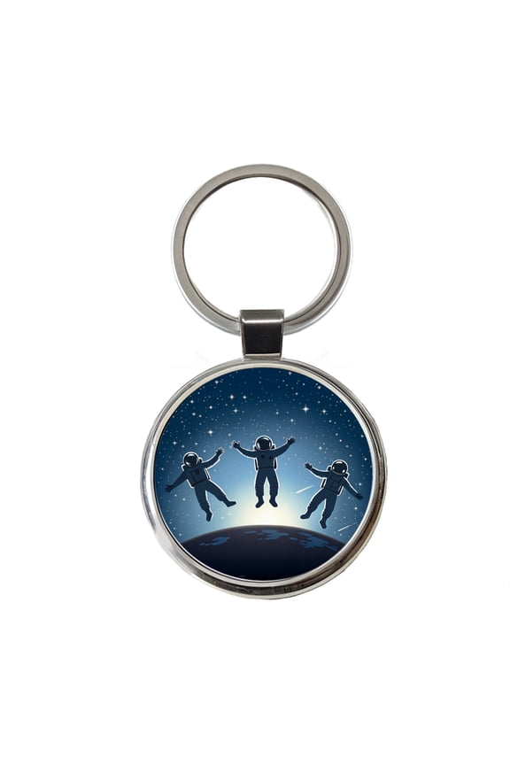 Floating Astronaut Silhouettes Space Metal Round Keychain