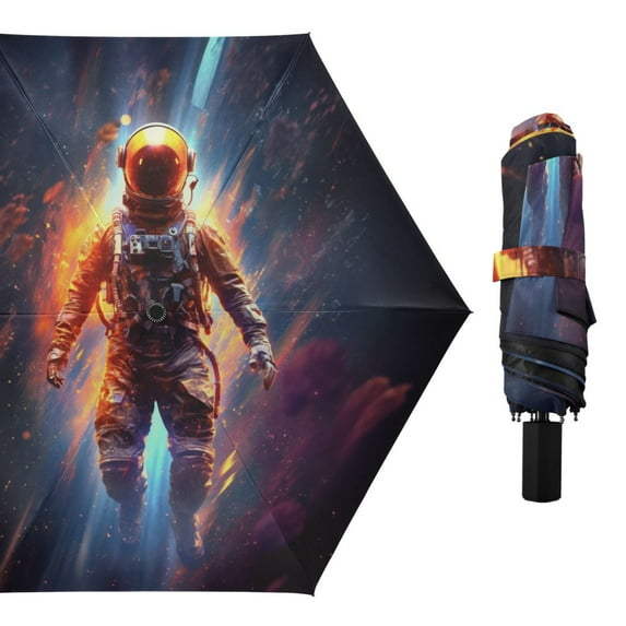 Floating Astronaut and Colorful Nebula Compact Sun Umbrella Windproof Travel Umbrellas for Rain Strong Portable UV Protection