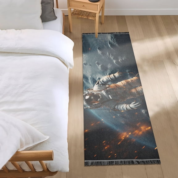 Floating Astronaut and Earth Runner Area Rug 2x6 Soft Non-Slip Washable Bedside Carpet for Hallway Bedroom Living Room Home Decor