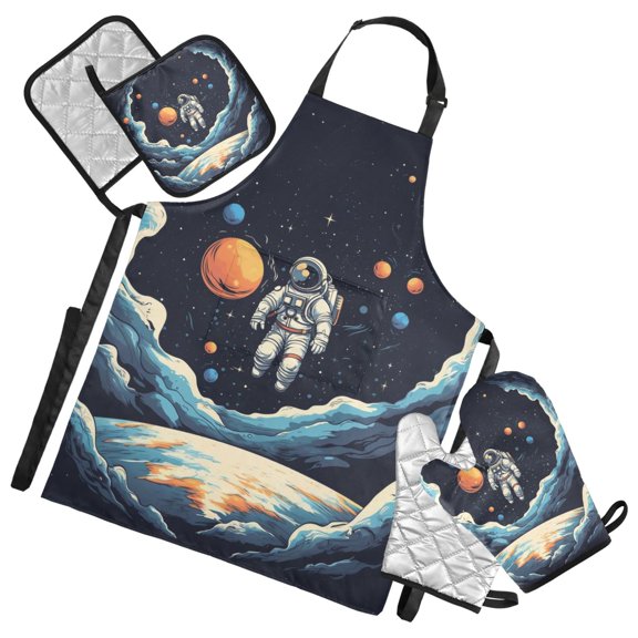 Floating Astronaut and Planet 5 Pcs Kitchen Set Heat Resistant Oven Mitts and Non-Slip Pot Holders with Adjustable Cooking Apron