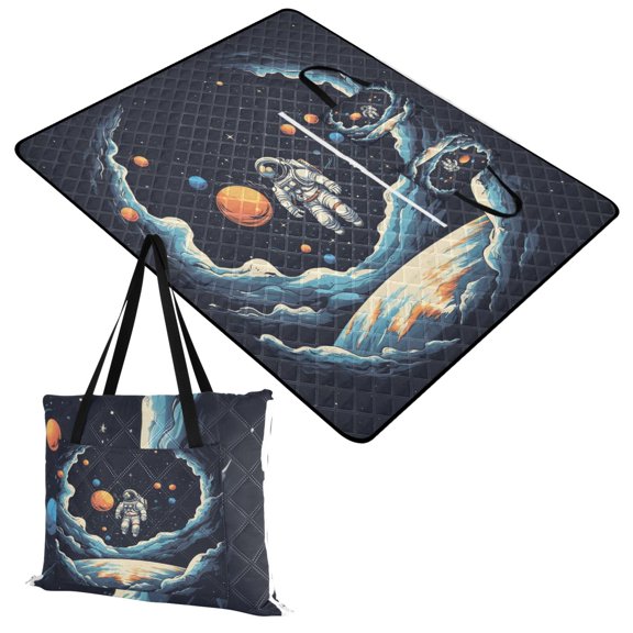Floating Astronaut and Planet Extra Large Picnic Beach Blanket Waterproof Sand Proof Portable Outdoor Mat 60x80