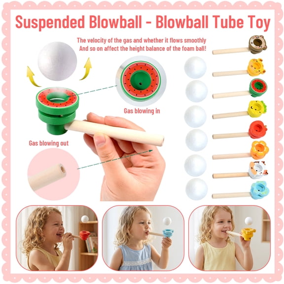 Floating Ball Blowing Toy, Wooden Animal Blowing Tube with 2 Balls, Kids Breathing Exercise & Focus Training Game (B,2pc)