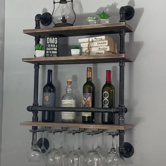 Floating Bar Shelves,Wine Rack Wall Mounted,Wine Glass Holder Wood Shelf | Industrial Pipe,Solid Pine Wood,Easy to Assemble,For The Kitchen/living Room,A Gift For Wine Lover,Store Wine Glasses, Mugs
