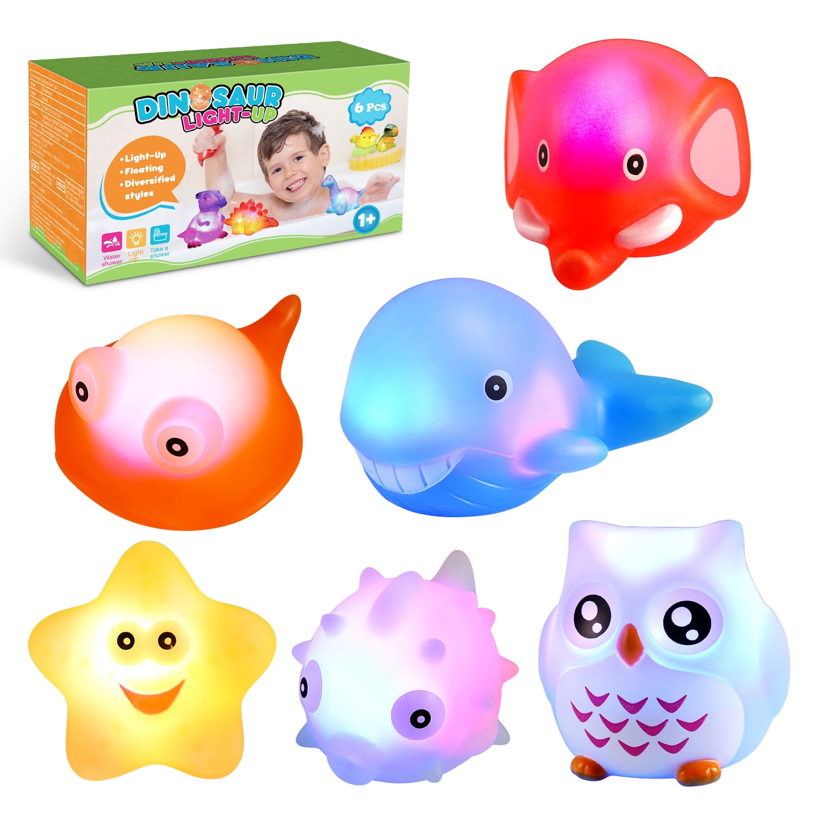 Floating Bath Toys for Toddler, 6 Pcs LightUp Rubber Bath Toys Set