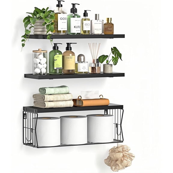 Floating Bathroom Shelves Wall Mounted - Wooden Shelf Set of 3 for Over Toilet Storage & Modern Decor Perfect Shelving Organizer Apartments RVs Powder Rooms Restroom Black