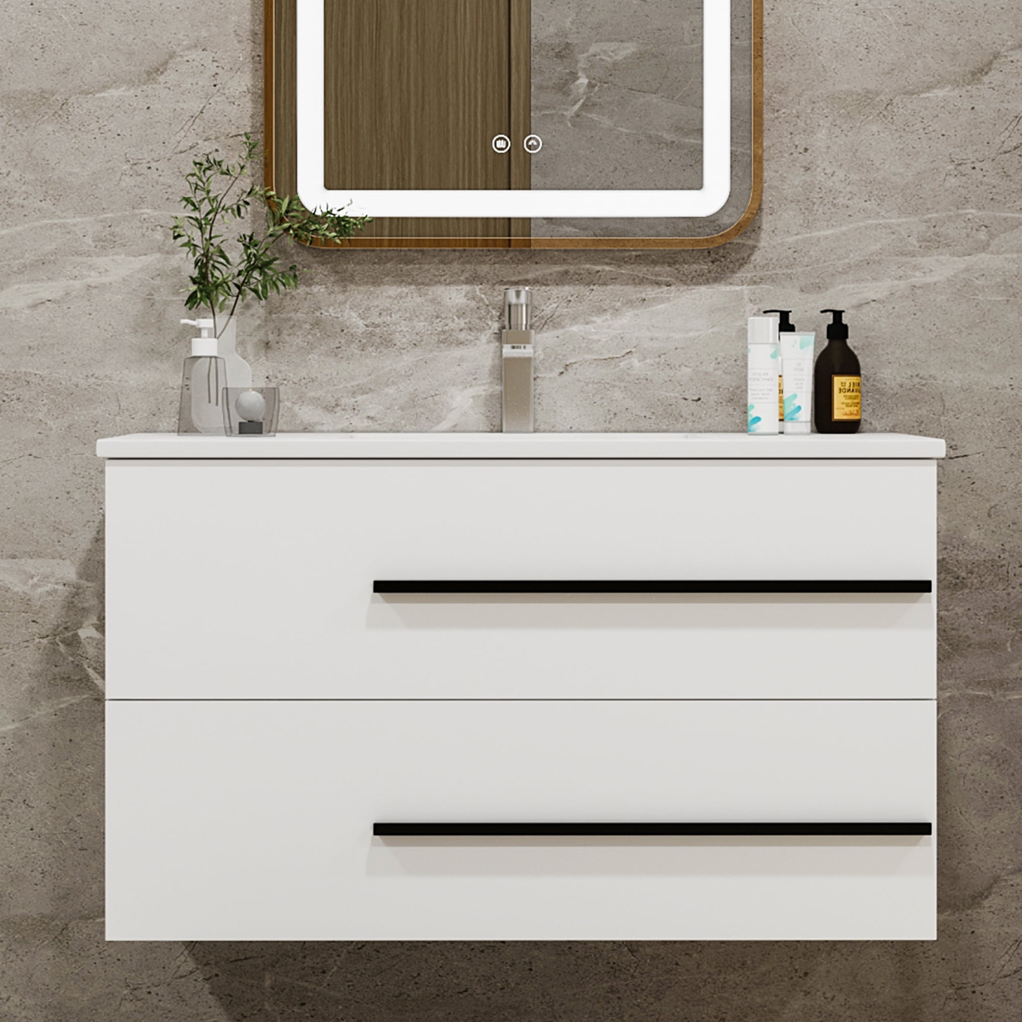 Floating Bathroom Vanity with Ceramic Sink, 36 Inch - Wall-Mounted Space-Saving Cabinet for Small Bathrooms, Modern White Fluted Design & Soft-Close Drawers, Black Handles (36-Inch)