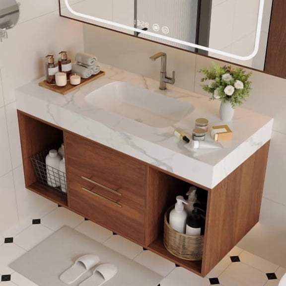 Floating Bathroom Vanity with Ceramic Sink, 39.4 Inch Wall Mount Vanity with 2 Soft Close Drawers, White Slate Top and Walnut Cabinet for Bathroom, White and Walnut