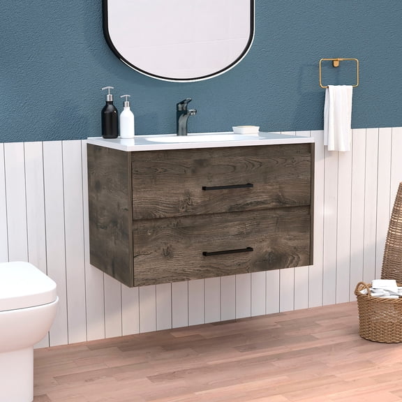 Floating Bathroom Vanity | Modern Style with 2 Drawer Organizers for Easy Storage | High - Quality Particle Board Construction | Pre - drilled Holes & Clear Instructions for Hassle - free Assembly