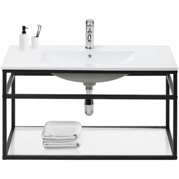 Floating Bathroom Vanity with Sink 36 Inch Metal Frame Wall Mounted Bathroom Vanity Cabinet with Ceramic Sink and Glass Open Storage Shelves$$Tools & Hardware Other