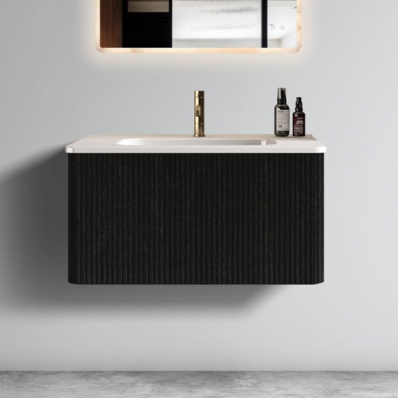 Floating Bathroom Vanity Solution | Modern Style for Bathroom Function | Melamine Crafted with Striped Texture | Organizes Toiletries in Push - Open Drawer