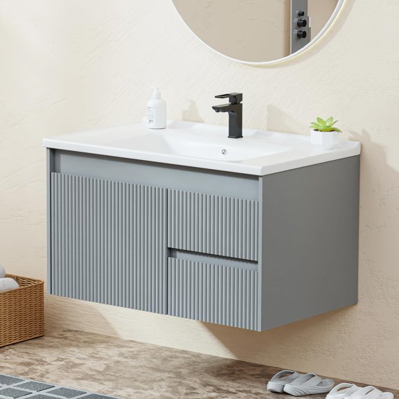 Floating Bathroom Vanity Thirty Two Inch, Wall Mounted Single Sink Cabinet with Ceramic Basin and Two Storage Drawers, Modern Wave Carved Design Wooden Over Floor Furniture, White, One Set