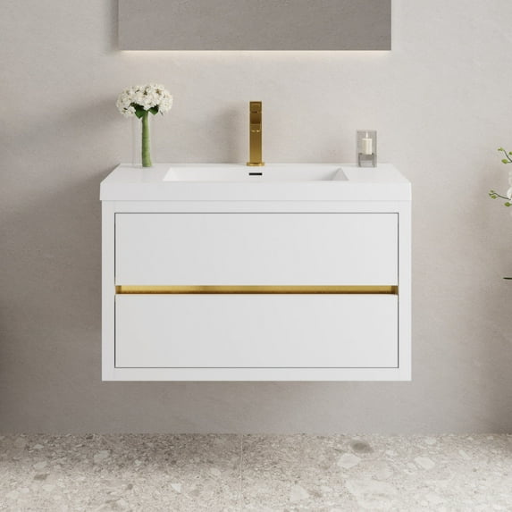 Floating Bathroom Vanity with U-Shape Drain Design / Quiet and Seamless Drawer Movement