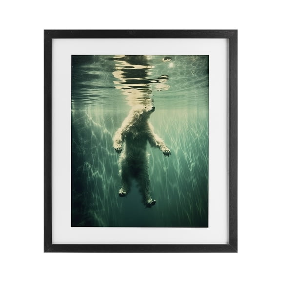 Floating Bear Underwater Black Framed Print Under Glass, design by Decent Exposures