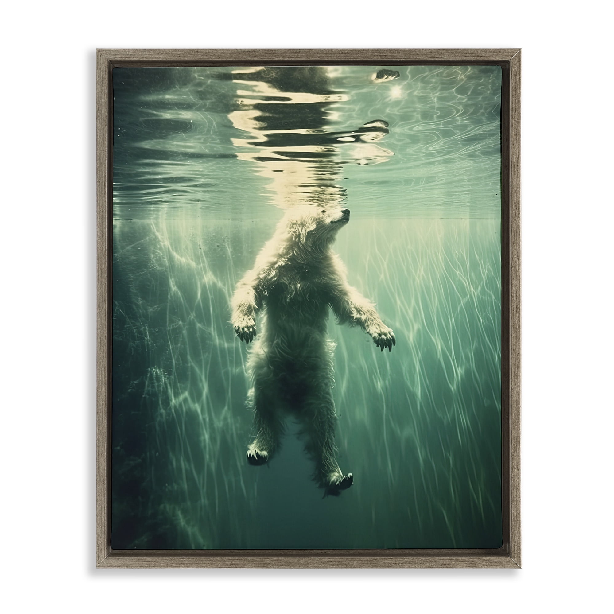 Floating Bear Underwater Brown Framed Floater Canvas Wall Art, design by Decent Exposures