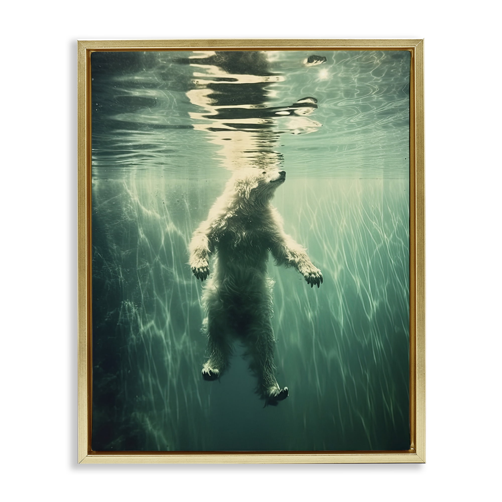 Floating Bear Underwater Gold Framed Floater Canvas Wall Art, design by Decent Exposures