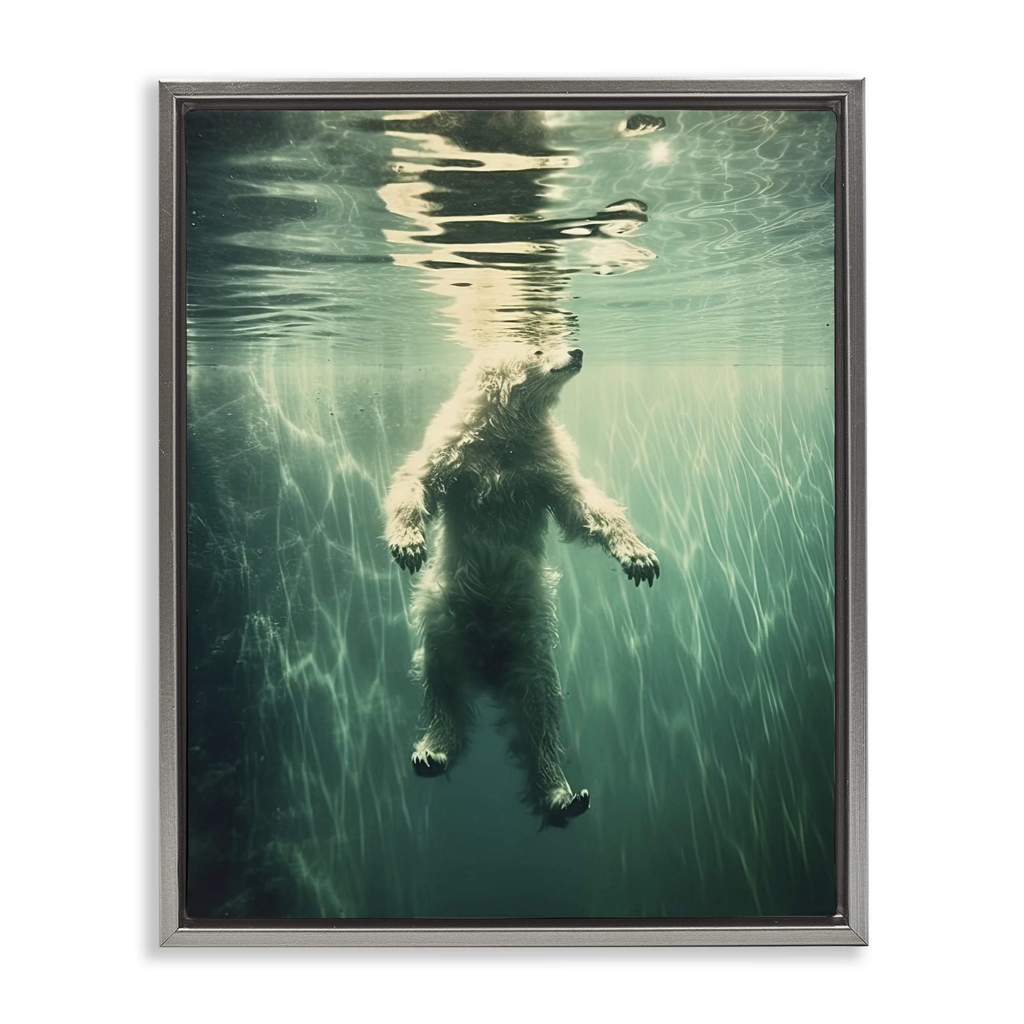 Floating Bear Underwater Gray Framed Floater Canvas Wall Art, design by Decent Exposures