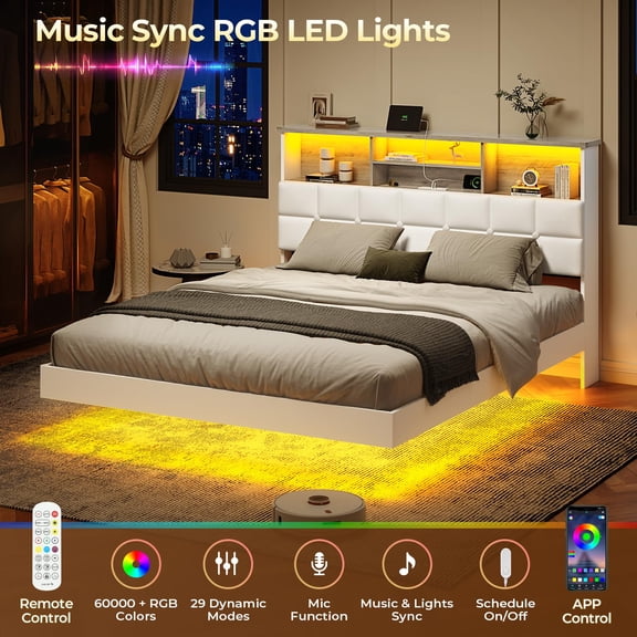 Floating Bed Frame Full Size with Headboard and Storage, Upholstered Full Size Platform Bed Frame with USB & Type C Charging Station and LED Lights, Hidden Storage, No Box Spring Needed, White