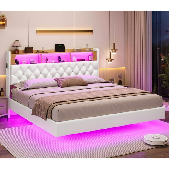 Floating Bed Frame Full Size with LED Lights & Charging Station, White Leather Upholstered Platform Bed with Storage Headboard, Modern LED Bed, No Box Spring Needed