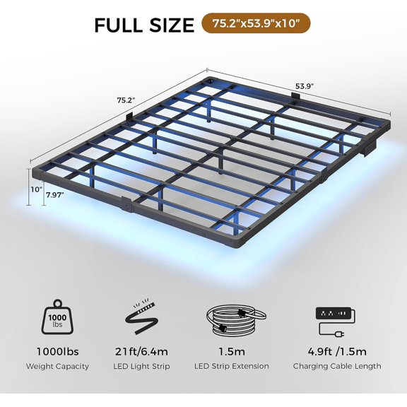 Floating Bed Frame Full Size with RGB LED Lights & Charging Station, Modern Metal Platform Bed No Box Spring Needed, 10in Comfort Height, Sturdy 1000lbs Support for Bedroom