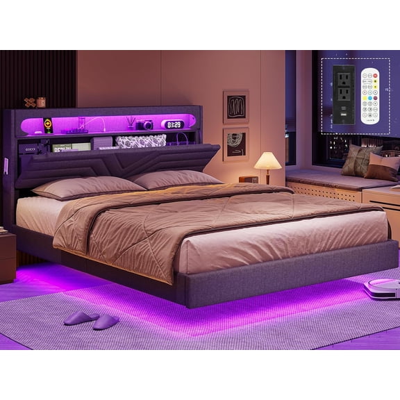 Floating Bed Frame Full Size with RGB LED Lights Headboard, USB-C/A Power Outlets, Linen Upholstered Platform Bed with Storage Headboard, Innovative Stable Structure, Dark Gray