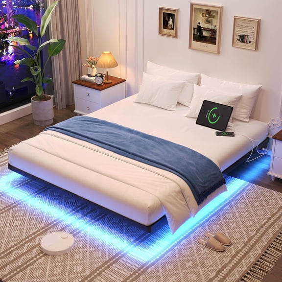 Floating Bed Frame Full Size with Smart LED Lights and Charging Station, Heavy Duty Modern Metal Platform Bed No Box Spring Needed - Easy Assembly and Noise Free