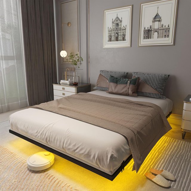 Floating Bed Frame Full Size with LED Light, Metal Platform Bed Frame