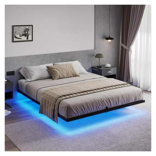 Floating Bed Frame Full Size with LED Lights, Metal Platform Full Bed