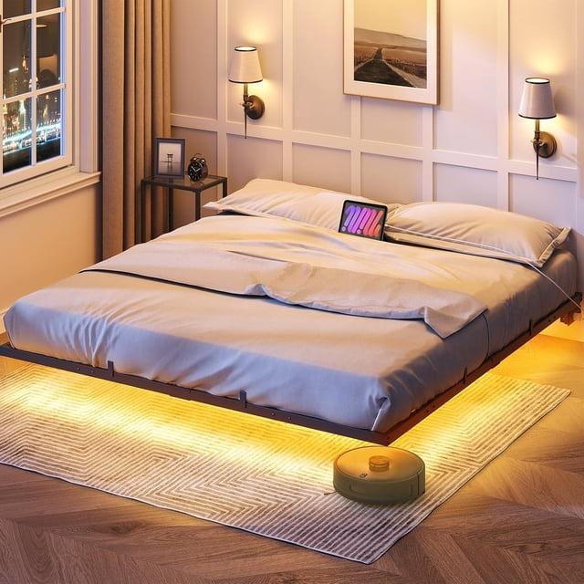 Floating Spring Frame Floating Bed Frame King Size, Bed Frame with Charging Station and LED ...