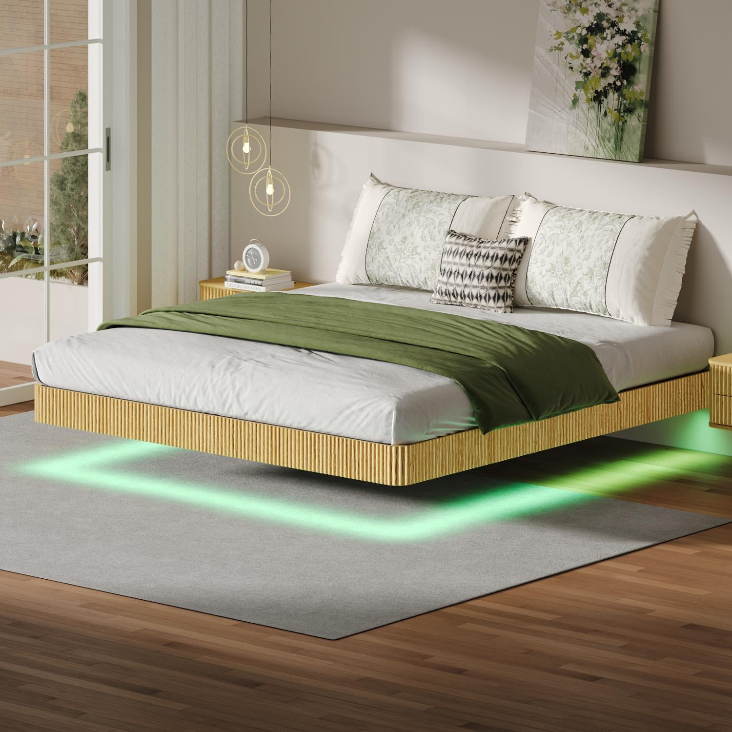 Floating Bed Frame, King Size Bed Frame with LED Lights, Wave Curve Wood Texture Bed, Metal Slats No Box Spring, Oak Finish
