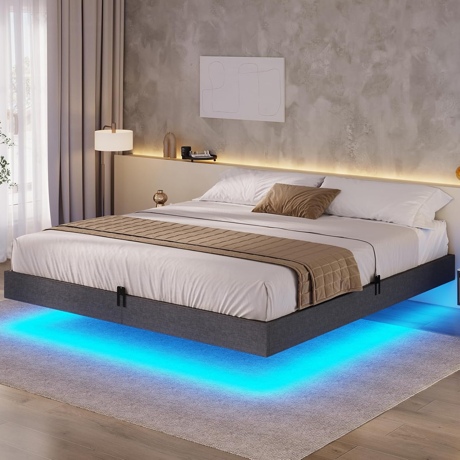 Floating Bed Frame King Size with LED Lights, Modern Metal King