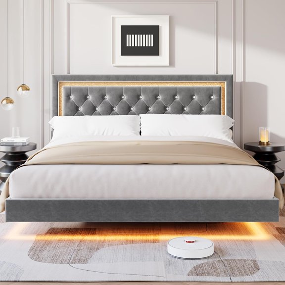 Floating Bed Frame King Size with Smart Led Lights, Upholstered Platform Bed with Diamond Headboard, Solid Wood Slats Support, No Box Spring Needed, Noise-Free, Easy Assembly, Grey