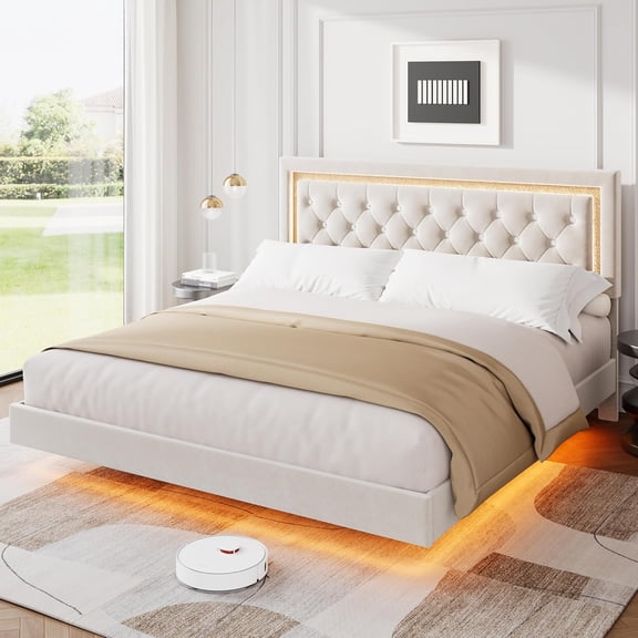 Floating Bed Frame King Size with Smart Led Lights, Upholstered Platform Bed with Diamond Headboard, Solid Wood Slats Support, No Box Spring Needed, Noise-Free, Easy Assembly, White