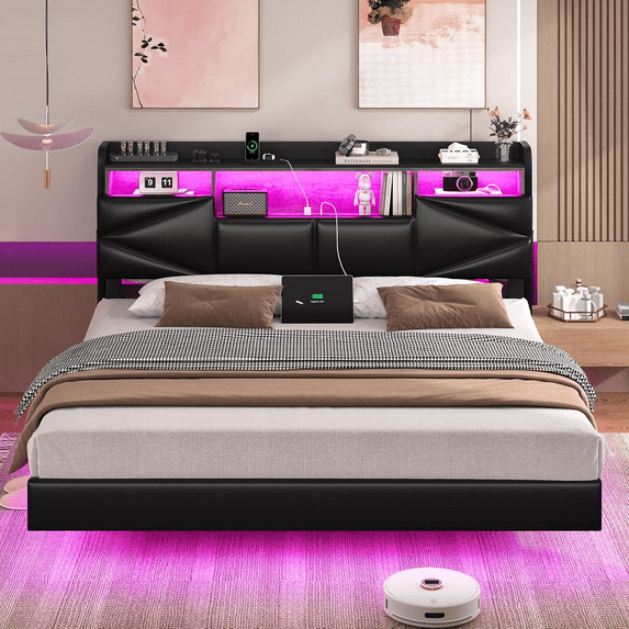 Floating Bed Frame King Size with Storage Headboard, LED Floating Platform Bed with Charging Station, Solid Wood Slats Support, No Box Spring Needed, PU Black