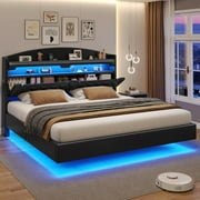 Floating Bed Frame King Size with Charging Station and Storage Headboard, King LED Floating Platform Bed, No Box Spring Needed, PU Black