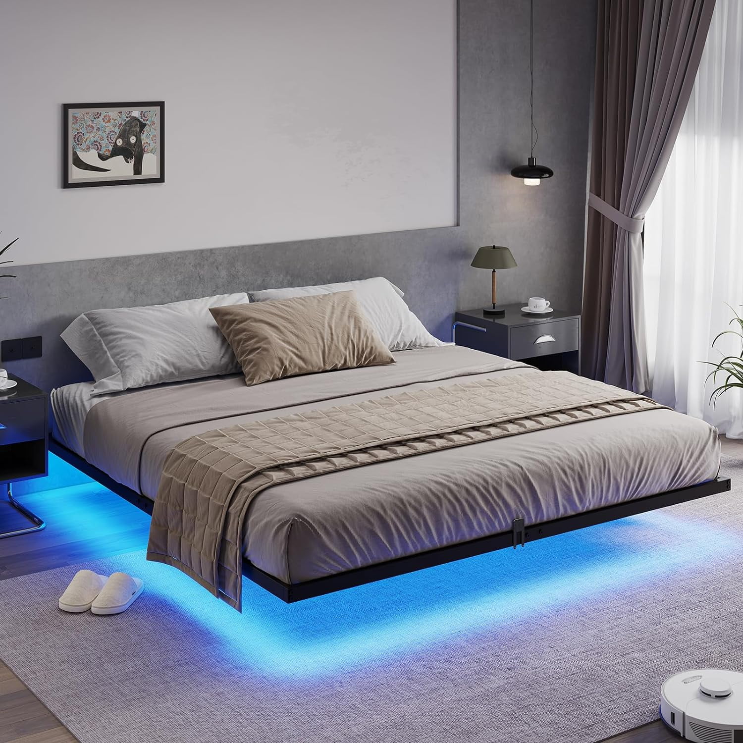 Floating Bed Frame King Size with LED Lights, Metal Platform King Bed