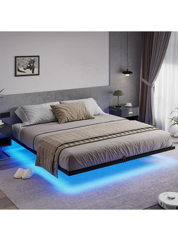 Floating Bed Frame King Size with LED Lights, Metal Platform King Bed, No Box Spring Needed, Easy to Assemble