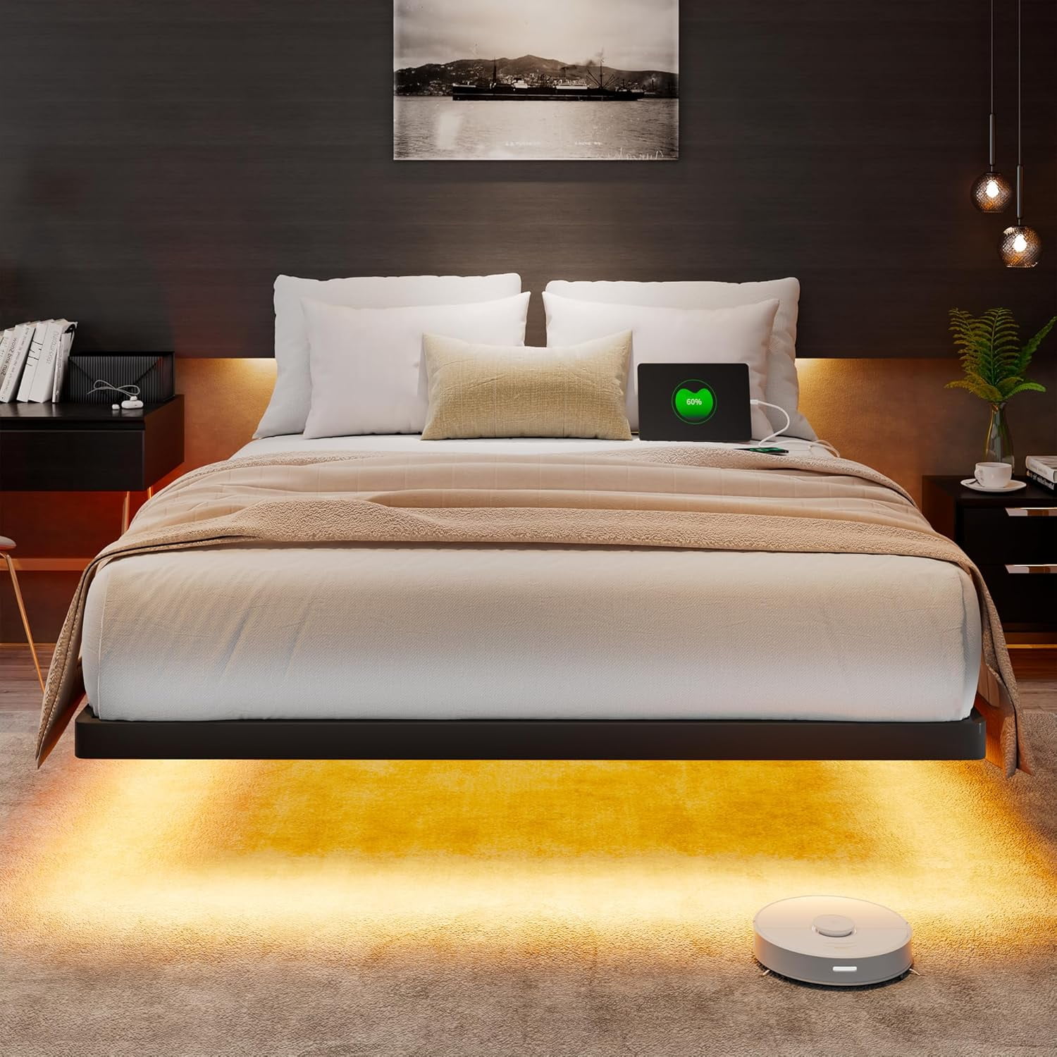Floating Bed Frame King Size with Smart LED Lights and Charging Station ...
