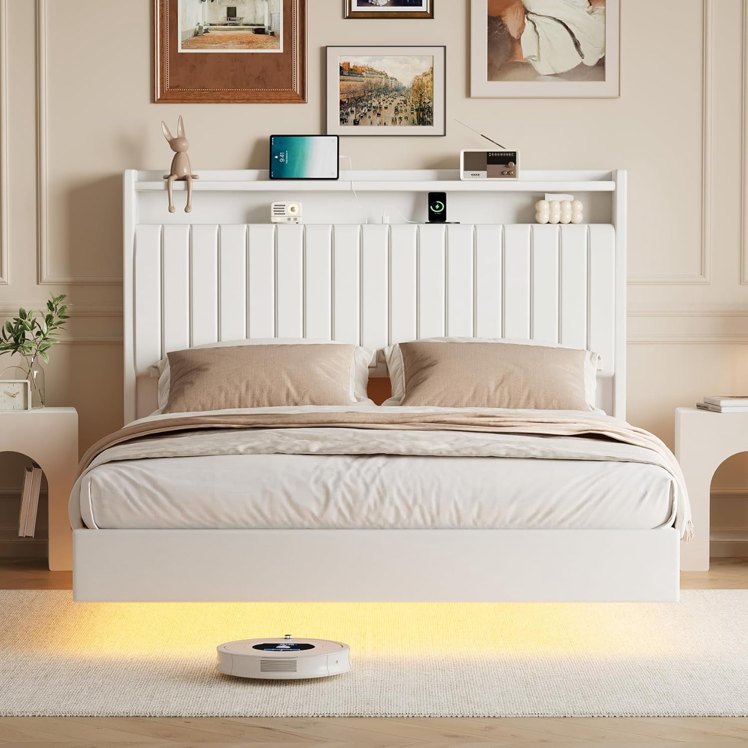 Floating Bed Frame With LED Lights & Charging Station, Queen/Full Upholstered PU Leather Platform Bed Frame With Storage Headboard, 50" Tall Headboard Bed,No Box Spring Needed