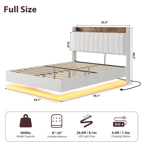 Floating Bed Frame with LED Lights, USB Charging Station & Storage Headboard – Upholstered Platform, Uniform Wood Slats, Quiet, Simple Assembly – Full, light beige