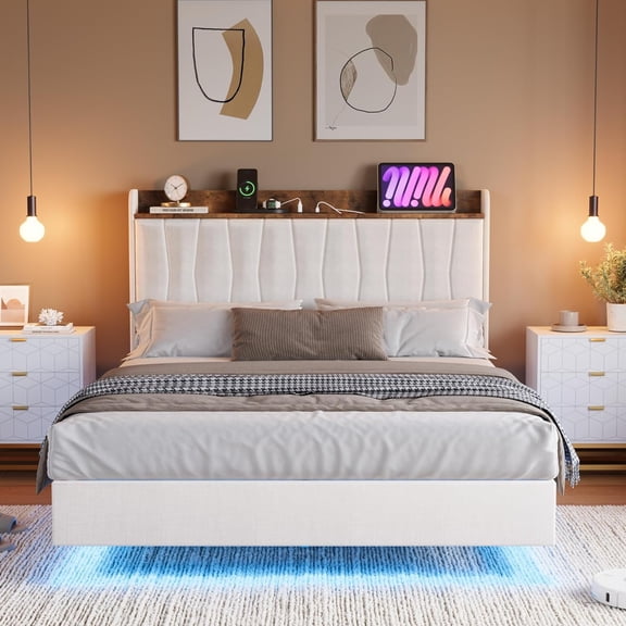 Floating Bed Frame with LED Lights & USB Charging, Upholstered Storage Headboard, Sturdy-colored Wood Slats, Modern Platform, Easy Assembly, Noise-Free, No Box Spring Needed, King Size - Beige