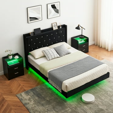 Floating Bed Frame with LED Lights, Upholstered Bed Frame with Headboard and Storage, Modern Platform Bed Frame, No Box Spring Needed, Wood Slats Support, Noise Free
