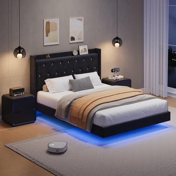 Floating Bed Frame, Queen Bed Frame, Velvet Upholstered Platform Bed with Storage Headboard, RGB LED Light, Wood Slats, Noise Free, Easy Assembly