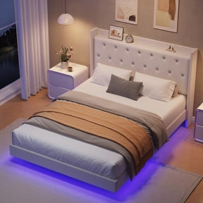 Floating Bed Frame, Queen Bed Frame, Velvet Upholstered Platform Bed with Storage Headboard, RGB LED Light, Wood Slats, Noise Free, Easy Assembly