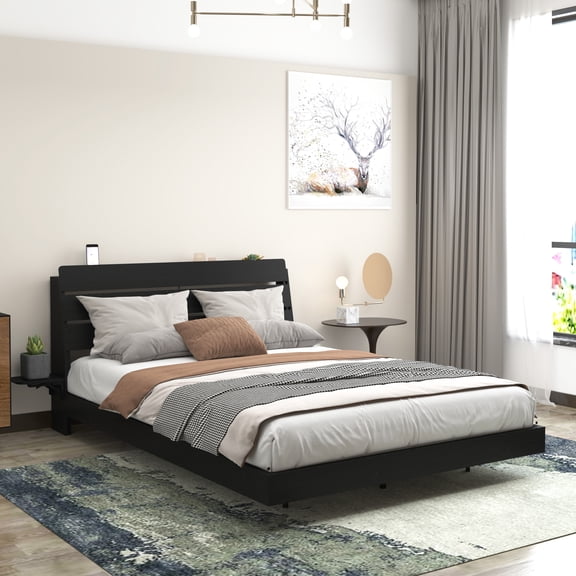 Floating Bed Frame Queen with Led Lights and Charging Station, Wood Queen Size Bed Frame with Storage Headboard, No Box Spring Needed, Easy Assembly,Black.