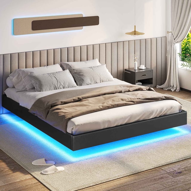 Queen Size Floating Bed Frame with LED Lights, Faux Leather Upholstered ...