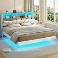 thumbnail image 1 of Floating Bed Frame Queen Size with Headboard and Storage, Upholstered Queen Platform Bed Frame with USB & Type C Charging Station and LED Lights, Hidden Storage, No Box Spring Needed, White, 1 of 5