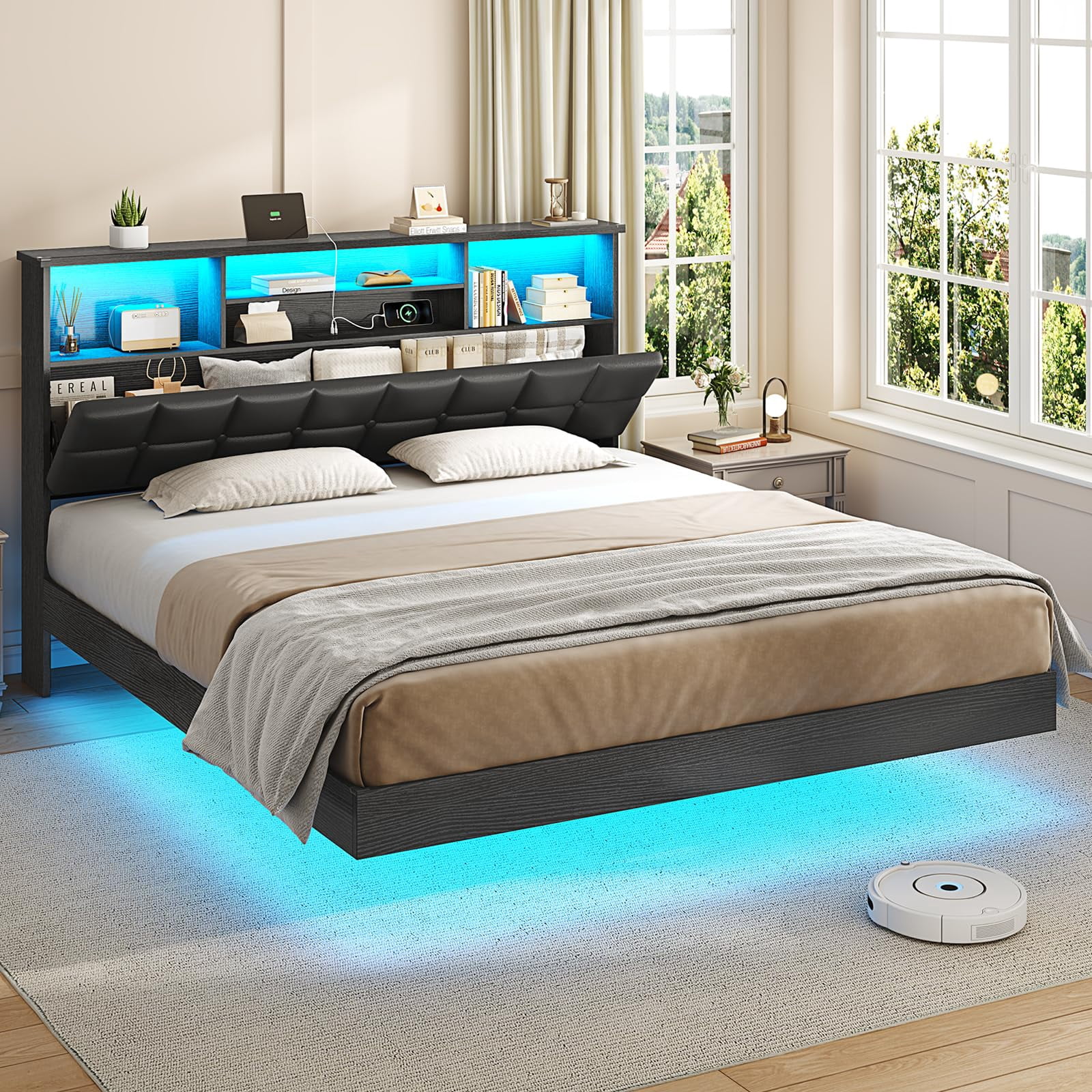 Torveric Queen Floating Bed Frame with Charging Station and LED Lighted Bookcase Headboard Metal Platform Bed PU Leather Adjustable Tufted Upholstered Bed, Black
